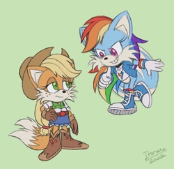 Size: 1102x1068 | Tagged: safe, artist:itoruna-the-platypus, imported from derpibooru, applejack, rainbow dash, anthro, fox, equestria girls, ashleigh ball, clothes, crossover, duo, equestria girls outfit, female, hilarious in hindsight, multiple tails, sonic prime, sonic the hedgehog, sonic the hedgehog (series), sonicified, species swap, spoilers for another series, tail, two tails, voice actor joke, yuji uekawa style