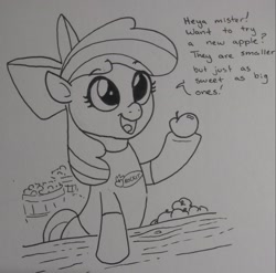 Size: 2251x2221 | Tagged: safe, artist:pony quarantine, imported from derpibooru, apple bloom, earth pony, pony, adorabloom, apple, clothes, cute, female, filly, foal, food, herbivore, open mouth, shirt, solo, t-shirt, text, traditional art