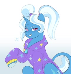 Size: 1157x1200 | Tagged: safe, artist:aztrial, imported from derpibooru, trixie, pony, unicorn, alternate hairstyle, babysitter trixie, clothes, female, grin, hoodie, looking at you, mare, pigtails, smiling, solo