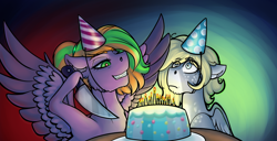 Size: 2000x1024 | Tagged: safe, artist:gusinya, derpibooru exclusive, imported from derpibooru, oc, oc only, oc:beatrice creux, oc:gray bird, pegasus, cake, candle, evil grin, female, food, grin, happy birthday, hat, knife, male, mare, party hat, scared, simple background, smiling, stallion, wings