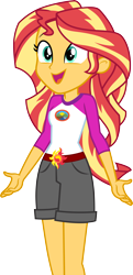 Size: 3000x6205 | Tagged: safe, alternate version, artist:cloudy glow, imported from derpibooru, sunset shimmer, human, equestria girls, legend of everfree, .ai available, absurd resolution, camp everfree outfits, clothes, denim, denim shorts, embrace the magic, female, happy, legs, long hair, open mouth, shorts, simple background, smiling, solo, standing, teenager, transparent background, turquoise eyes, two toned hair, vector, yellow skin