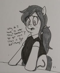 Size: 1356x1644 | Tagged: safe, artist:pony quarantine, imported from derpibooru, oc, oc only, oc:anon-mare, earth pony, pony, clothes, dialogue, fat, female, grayscale, mare, monochrome, shirt, solo, sweat, traditional art