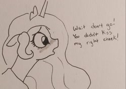 Size: 1335x942 | Tagged: safe, artist:pony quarantine, imported from derpibooru, princess celestia, alicorn, pony, blushing, bust, cute, cutelestia, dialogue, female, floppy ears, grayscale, mare, monochrome, solo, traditional art