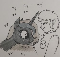 Size: 1472x1410 | Tagged: safe, artist:pony quarantine, imported from derpibooru, princess luna, alicorn, human, pony, duo, female, freckles, grayscale, mare, monochrome, mouth hold, onomatopoeia, smiling, traditional art, zipper