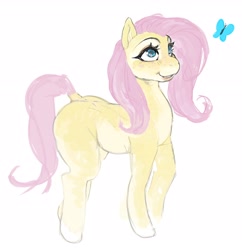 Size: 2582x2662 | Tagged: safe, artist:runewoof, imported from derpibooru, fluttershy, butterfly, pegasus, pony, simple background, solo, white background, wingless