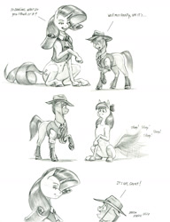 Size: 1100x1435 | Tagged: safe, artist:baron engel, imported from derpibooru, apple bloom, rarity, oc, oc:stone mane (baron engel), earth pony, pony, unicorn, colt, female, filly, foal, male, mare, monochrome, pencil drawing, story included, tail, tail wag, traditional art