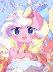 Size: 2288x3081 | Tagged: safe, artist:sweeter_sakura, imported from derpibooru, oc, oc only, oc:bay breeze, pegasus, pony, blushing, bow, cake, cute, female, food, hair bow, hat, mare, open mouth, party hat, pegasus oc, present, simple background, solo, text