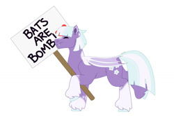 Size: 1280x854 | Tagged: safe, artist:itstechtock, imported from derpibooru, oc, oc only, oc:snow violet, bat pony, female, mare, sign, simple background, solo, white background