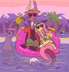 Size: 1276x1322 | Tagged: safe, artist:tashidelashi, imported from derpibooru, discord, fluttershy, bird, blue jay, draconequus, fish, pegasus, seal, coconut cup, crossed legs, discoshy, drinking straw, fan, fanning, female, food, glasses, hat, heart shaped glasses, inflatable, male, mordecai, music notes, pineapple, pineapple cup, pool toy, regular show, relaxing, shipping, sitting, straight, summer, sunglasses, tree, water, wing hold, wings