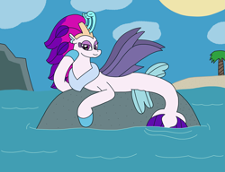 Size: 3183x2448 | Tagged: safe, artist:supahdonarudo, imported from derpibooru, queen novo, seapony (g4), my little pony: the movie, beach, cloud, draw me like one of your french girls, hoof on cheek, looking at you, lying down, ocean, palm tree, prone, rock, sun, tree, water