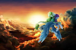 Size: 2700x1800 | Tagged: safe, artist:anastas, imported from derpibooru, oc, hybrid, original species, pegasus, pony, unicorn, bird tail, blue fur, cloud, cloudscape, commission, crepuscular rays, detailed background, duo, duo female, excited, excitement, feather, feathered wings, female, flying, green eyes, green fur, green hair, green mane, markings, purple eyes, purple hair, purple mane, sky, smiling, spread wings, sternocleidomastoid, sun, sunset, tail, wings