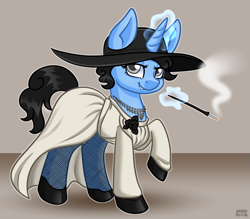 Size: 1167x1024 | Tagged: safe, artist:sabrib, imported from derpibooru, oc, oc only, oc:tinker doo, pony, unicorn, cigarette, cigarette holder, clothes, cosplay, costume, crossdressing, hat, high heels, horn, jewelry, lady dimitrescu, magic, necklace, shoes, smiling, stockings, telekinesis, thigh highs, unicorn oc