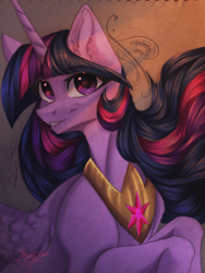 Size: 3120x4160 | Tagged: safe, artist:jsunlight, imported from derpibooru, twilight sparkle, alicorn, pony, absurd file size, female, high res, jewelry, mare, peytral, regalia, smiling, solo, traditional art, twilight sparkle (alicorn)