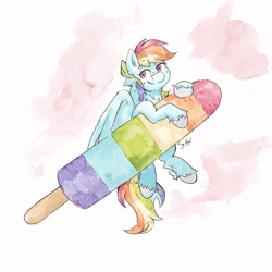 Size: 4658x4658 | Tagged: safe, artist:lightisanasshole, imported from derpibooru, rainbow dash, pegasus, pony, abstract background, female, food, popsicle, solo, tiny, tiny ponies, traditional art, watercolor painting