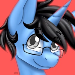 Size: 1024x1024 | Tagged: safe, artist:sabrib, imported from derpibooru, oc, oc only, oc:tinker doo, unicorn, bust, glasses, male, portrait, present, smiling, solo, stallion