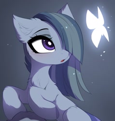 Size: 1951x2048 | Tagged: safe, artist:magnaluna, imported from derpibooru, marble pie, butterfly, earth pony, pony, cute, ear fluff, female, glowing, hair over one eye, mare, open mouth, solo