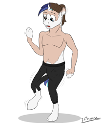 Size: 1024x1224 | Tagged: safe, artist:furnaise, imported from derpibooru, shining armor, clothes, eye color change, hooves, human to pony, male, mid-transformation, open mouth, pants, simple background, solo, stallion, transformation, white background