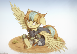 Size: 1520x1080 | Tagged: safe, artist:adagiostring, imported from derpibooru, oc, oc only, pegasus, pony, fallout equestria, armor, clothes, commission, cute, female, floppy ears, fluffy, gun, mare, sitting, smiling, solo, spread wings, weapon, wings, ych result