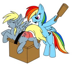 Size: 793x768 | Tagged: safe, artist:devilhooves, imported from derpibooru, derpy hooves, rainbow dash, pegasus, pony, 4chan, abuse, butt, colored, derpybuse, duo, eyes closed, paddle, plot, punishment, reddened butt, simple background, spank mark, spanked, spanking, standing on two hooves, strapped down, table, white background