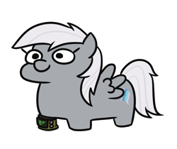 Size: 668x560 | Tagged: safe, artist:jargon scott, imported from derpibooru, oc, oc only, oc:aurora pinfeathers, pegasus, pony, fallout equestria, fallout equestria: renewal, fanfic art, female, gray coat, mare, pipbuck, simple background, solo, squashed, squatpony, white background, white mane, wings