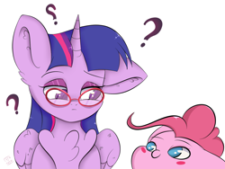 Size: 2048x1536 | Tagged: safe, artist:eventseem, imported from derpibooru, pinkie pie, twilight sparkle, alicorn, earth pony, pony, blushing, chest fluff, chibi, duo, duo female, female, floppy ears, glasses, horn, lesbian, mare, one ear down, question mark, shipping, simple background, twilight sparkle (alicorn), twinkie, white background, wings