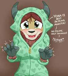 Size: 1074x1207 | Tagged: safe, artist:caroo, imported from derpibooru, yona, anthro, yak, blushing, breasts, busty yona, clothes, cute, dialogue, female, footed sleeper, footie pajamas, onesie, pajamas, rawr, yonadorable