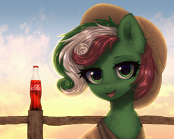 Size: 2500x2000 | Tagged: safe, artist:avrameow, imported from derpibooru, oc, oc only, oc:taco bell, pony, bottle, coca-cola, hat, high res, looking at you, open mouth, solo