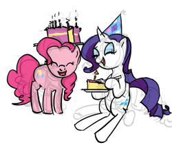 Size: 1277x1078 | Tagged: safe, artist:ponyrake, imported from derpibooru, pinkie pie, rarity, earth pony, pony, unicorn, cake, candle, duo, female, food, hat, head carry, party hat, simple background, white background