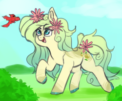 Size: 928x773 | Tagged: safe, artist:sondy, imported from derpibooru, oc, oc:golden apple, bird, cardinal, earth pony, bush, cloud, cute, earth pony oc, eyebrows, flower, flower in hair, gradient mane, hooves, outdoors, simple background