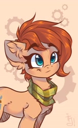 Size: 2200x3600 | Tagged: safe, artist:falafeljake, imported from derpibooru, oc, oc only, oc:rusty gears, earth pony, pony, chest fluff, clothes, cute, ear fluff, eyebrows, female, gears, mare, scarf, simple background, smiling, solo, striped scarf