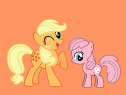 Size: 1093x824 | Tagged: safe, artist:foxyfell1337, artist:sharksilverharpstrings, artist:theorangeloftyinthepond, edit, imported from derpibooru, applejack (g1), baby tiddly winks, baby tiddlywinks, earth pony, pony, baby, baby pony, baby tiddley-winks, baby tiddlybetes, cute, duo, female, filly, foal, g1, g1 jackabetes, g1 to g4, g4, generation leap, mare, orange background, siblings, simple background, sisters, smiling