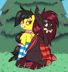 Size: 855x906 | Tagged: safe, artist:sondy, imported from derpibooru, oc, oc only, oc:banan, oc:maroon, bat pony, pony, pony town, bat pony oc, bat wings, chest fluff, choker, clothes, ear fluff, eyeshadow, fangs, flower, flower in mouth, grass, hair tie, hooves, lidded eyes, makeup, mouth hold, outdoors, pine tree, simple background, sitting, socks, striped socks, tree, wings