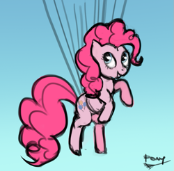 Size: 719x708 | Tagged: safe, artist:ponyrake, imported from derpibooru, pinkie pie, earth pony, pony, balloon, floating, flying, solo, then watch her balloons lift her up to the sky