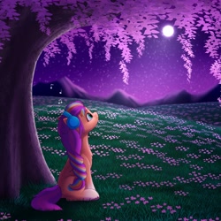 Size: 4000x4000 | Tagged: safe, alternate version, artist:luminousdazzle, imported from derpibooru, sunny starscout, earth pony, pony, female, g5, grass, headphones, hill, listening to music, mare, music notes, night, scenery, sitting, solo, tree, under the tree