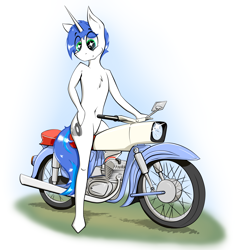 Size: 3938x4000 | Tagged: safe, artist:bumskuchen, imported from derpibooru, oc, oc:shifting gear, semi-anthro, unicorn, casual nudity, chest fluff, motorcycle, nudity, solo, vehicle