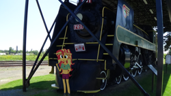 Size: 2500x1405 | Tagged: safe, artist:thomaszoey3000, imported from derpibooru, sunset shimmer, oc, oc:blue ink, human, equestria girls, clothes, equestria girls in real life, irl, jewelry, locomotive, pendant, photo, ring, solo, steam locomotive, train