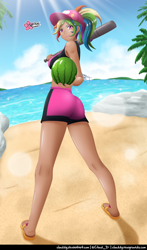 Size: 588x1000 | Tagged: safe, alternate version, artist:clouddg, imported from derpibooru, kotobukiya, rainbow dash, human, equestria girls, ass, baseball bat, beach, beach babe, breasts, busty rainbow dash, butt, crepuscular rays, female, flip-flops, food, human coloration, kotobukiya rainbow dash, multiple variants, rainbutt dash, sandals, sexy, solo, stupid sexy rainbow dash, watermelon