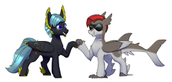 Size: 3884x1866 | Tagged: safe, artist:sondy, imported from derpibooru, oc, oc only, oc:bask, oc:star chased, hippogriff, hybrid, original species, pegasus, shark, shark pony, fish tail, gills, hippogriff oc, hoofbump, looking at each other, looking at someone, pegasus oc, shark tail, signature, simple background, smiling, smiling at each other, tail, transparent background