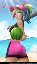 Size: 571x1000 | Tagged: safe, alternate version, artist:clouddg, imported from derpibooru, kotobukiya, rainbow dash, human, equestria girls, ass, baseball bat, beach, beach babe, breasts, busty rainbow dash, butt, crepuscular rays, female, flip-flops, food, human coloration, kotobukiya rainbow dash, multiple variants, rainbutt dash, sandals, sexy, solo, stupid sexy rainbow dash, watermelon