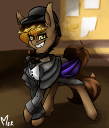 Size: 3008x3508 | Tagged: safe, artist:mekblue, imported from derpibooru, oc, bat pony, bat pony oc, bat wings, billboard, bowler hat, clothes, dress, ear fluff, fancy, hat, looking at you, necktie, smiling, smiling at you, solo, wings