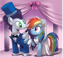 Size: 1272x1181 | Tagged: safe, artist:nauyaco, imported from derpibooru, rainbow dash, soarin', pegasus, pony, clothes, dress, female, hat, holding hooves, male, mare, marriage, shipping, soarindash, stallion, straight, top hat, tuxedo, wedding, wedding dress