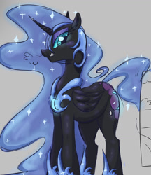 Size: 1125x1304 | Tagged: safe, artist:mushy, imported from derpibooru, nightmare moon, alicorn, pony, ethereal mane, female, folded wings, helmet, hoof shoes, huff, looking at you, mare, peytral, solo, starry mane, starry tail, tail, wings