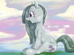 Size: 1881x1400 | Tagged: safe, artist:mushy, imported from derpibooru, marble pie, earth pony, pony, blushing, grass, happy, painted background, sitting, smiling, solo