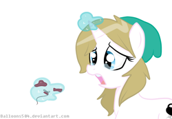 Size: 2084x1441 | Tagged: safe, artist:balloons504, imported from derpibooru, oc, oc only, oc:balloons, pony, unicorn, balloon, balloon popping, beanie, bully, bullying, crying, female, hat, magic, mare, popping, sad, simple background, solo, teary eyes, telekinesis, that pony sure does love balloons, tragedy, white background