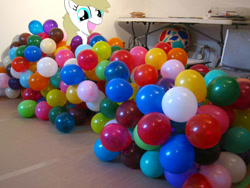 Size: 597x449 | Tagged: safe, artist:balloons504, imported from derpibooru, oc, oc only, oc:balloons, pony, unicorn, balloon, female, happy, irl, mare, open mouth, photo, ponies in real life, that pony sure does love balloons