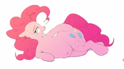 Size: 2656x1486 | Tagged: safe, artist:hattsy, pinkie pie, earth pony, pony, fat, lying down, open mouth, simple background, smiling, white background