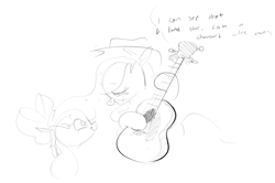 Size: 2096x1393 | Tagged: safe, artist:hattsy, apple bloom, applejack, earth pony, pony, bow, female, guitar, hat, mare, monochrome, musical instrument, open mouth, simple background, singing, sketch, smiling
