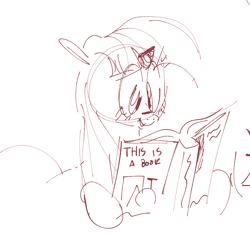 Size: 814x766 | Tagged: safe, artist:hattsy, twilight sparkle, pony, unicorn, book, female, mare, monochrome, open mouth, reading, simple background, sketch, smiling