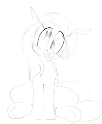 Size: 1078x1312 | Tagged: safe, artist:hattsy, derpy hooves, pegasus, pony, female, mare, monochrome, simple background, sitting, sketch, smiling, tongue out