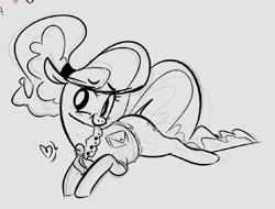 Size: 1114x848 | Tagged: safe, artist:hattsy, oc, oc only, earth pony, pony, clothes, female, heart, lying down, mare, monochrome, simple background, sketch, smiling